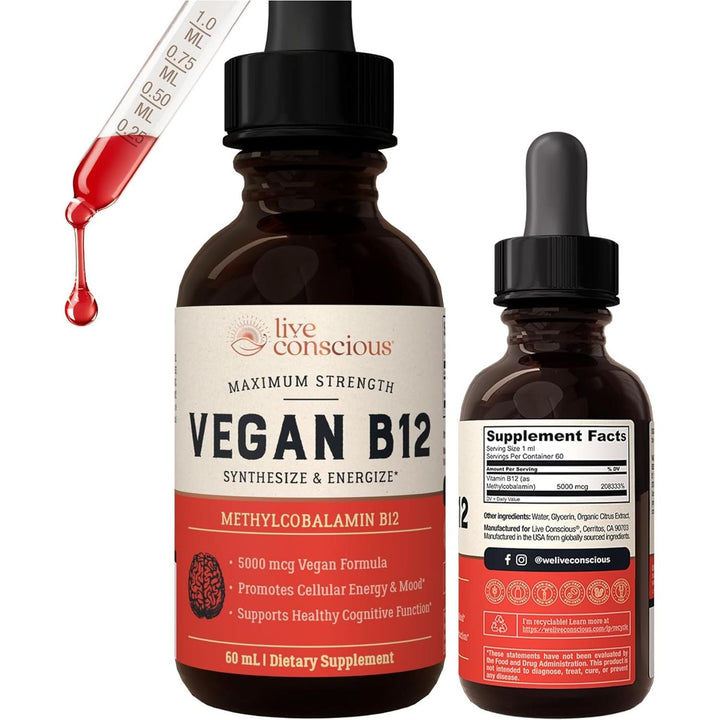 Live Conscious Vegan B12 60ml | Fast-Absorbing Energy & Immune Support with Methylcobalamin (5000mcg)
