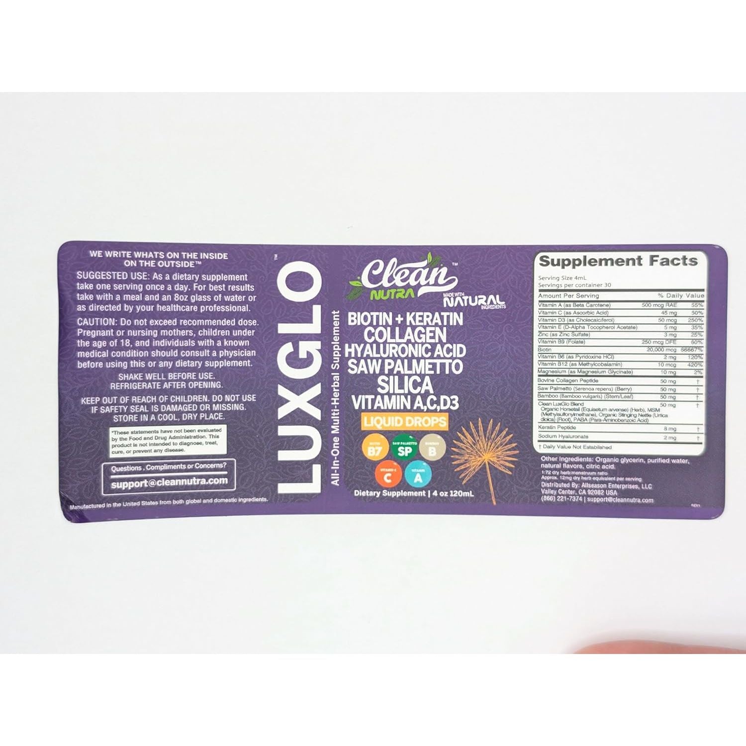 Clean Nutraceuticals LuxGlo All-in-One Multi-Herbal Supplement - 120ml | Liquid Biotin, Collagen, Hyaluronic Acid & More for Radiant Hair, Skin & Nails