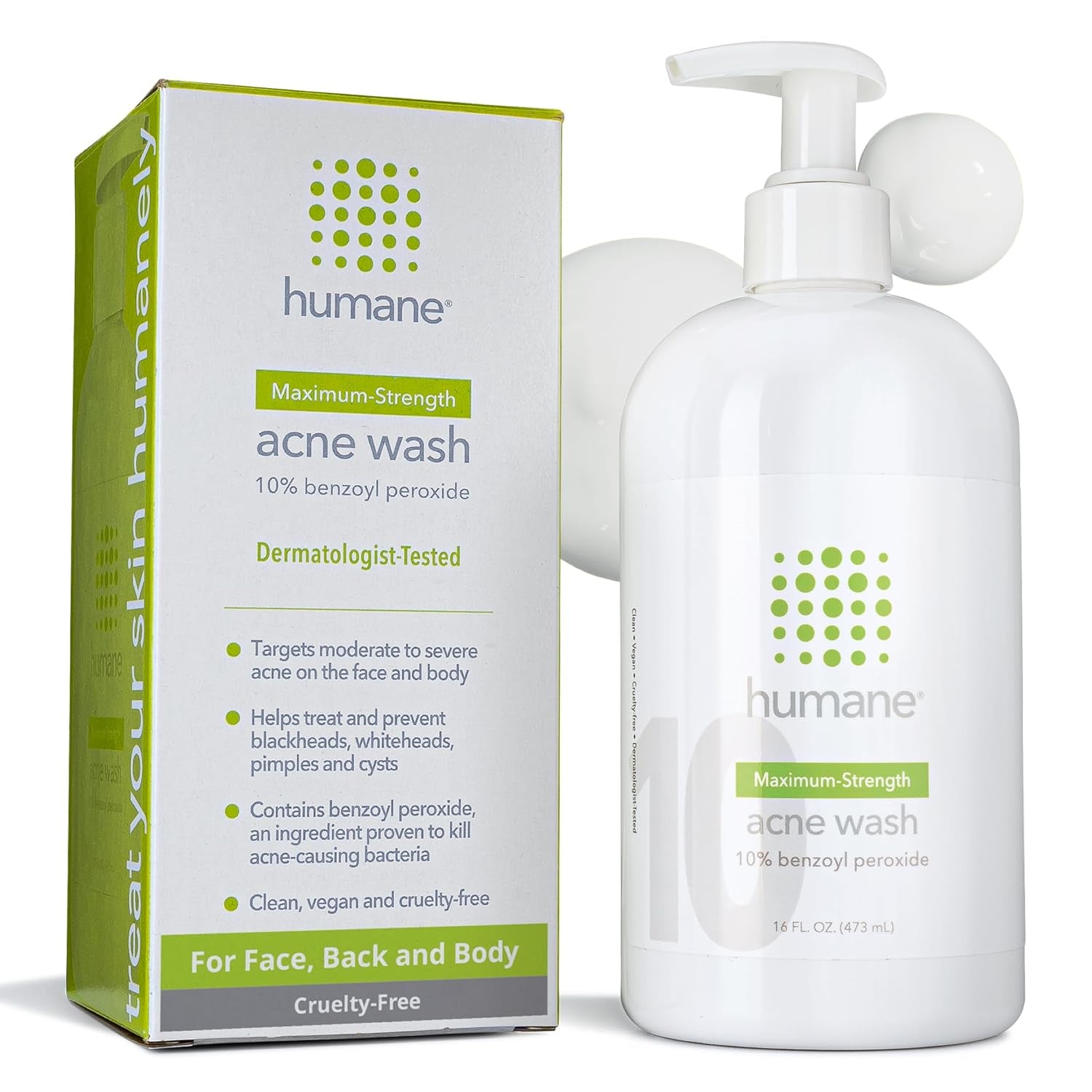 Humane Maximum-Strength Acne Wash 473ml | 10% Benzoyl Peroxide Body & Face Cleanser for Stubborn Acne