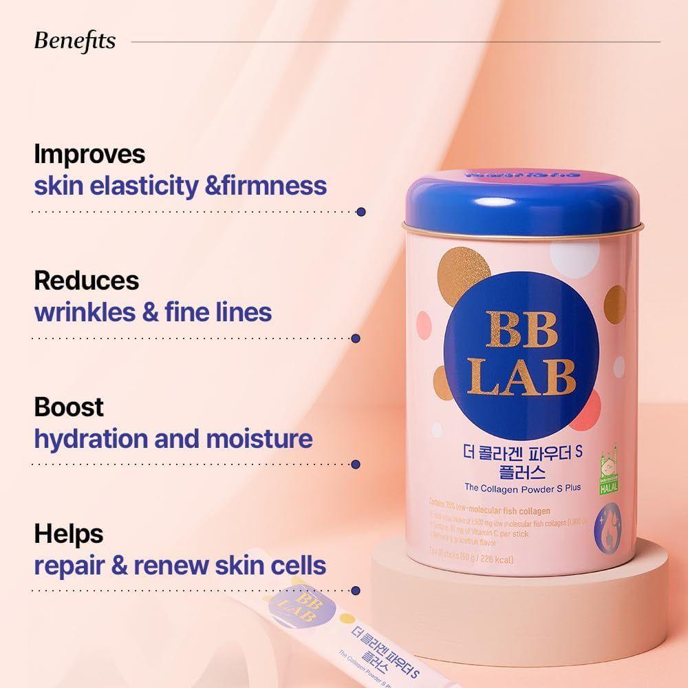 BB LAB The Collagen Powder S Plus - Grapefruit Flavor (30 Sticks) | Halal-Certified, Low-Molecular Marine Collagen for Radiant Skin