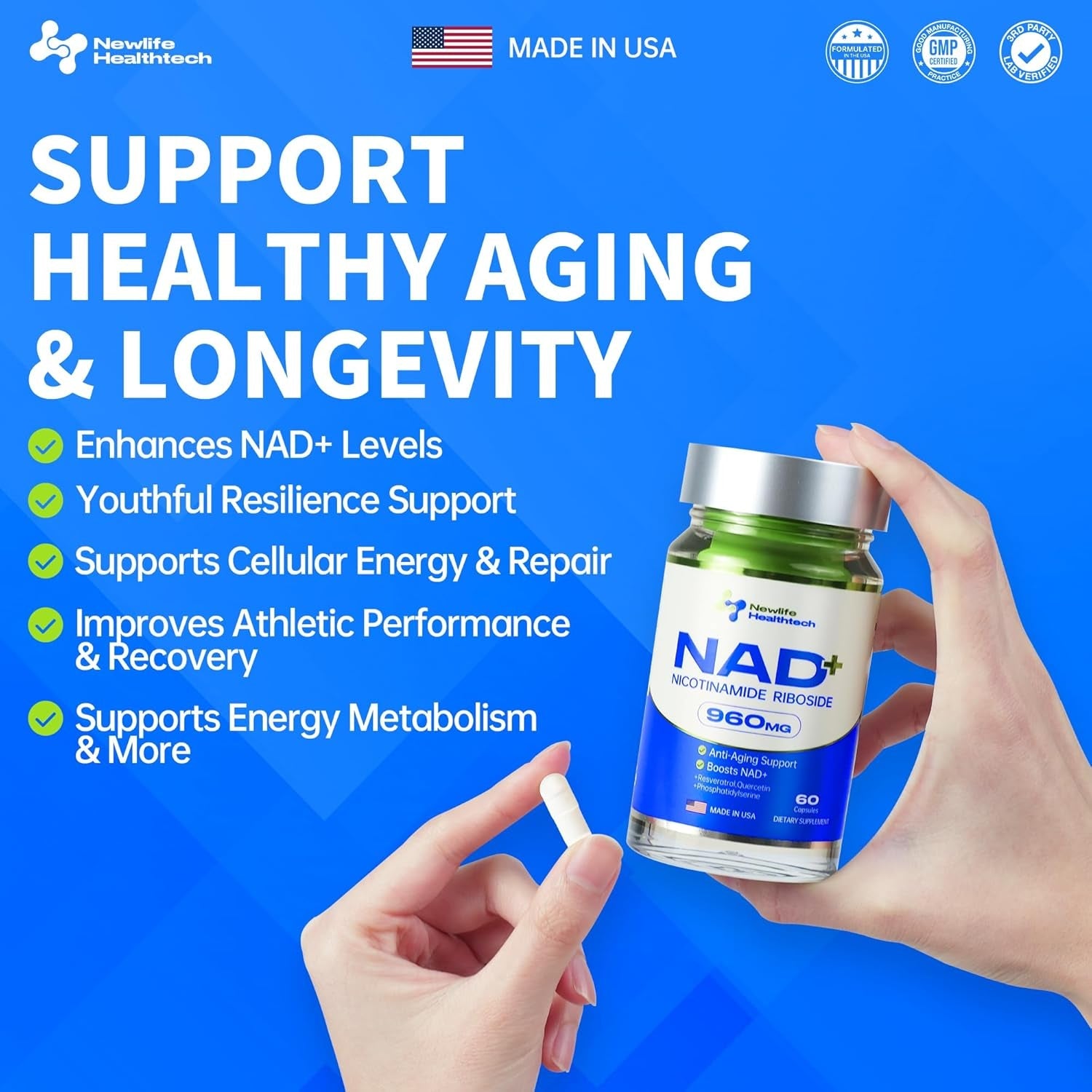 Newlife Healthtech NAD+ Supplement 60 Capsules | Advanced Cellular Energy & Anti-Aging Support ¨C 960mg per Serving