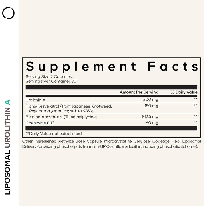 Codeage Liposomal Urolithin A - 60 Capsules | Cellular Energy + Longevity Support with Resveratrol & CoQ10