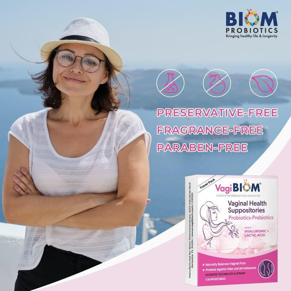 VagiBiom Vaginal Health Suppositories - 2 Suppositories (Travel Pack) | Probiotic pH Balance & Odor Control