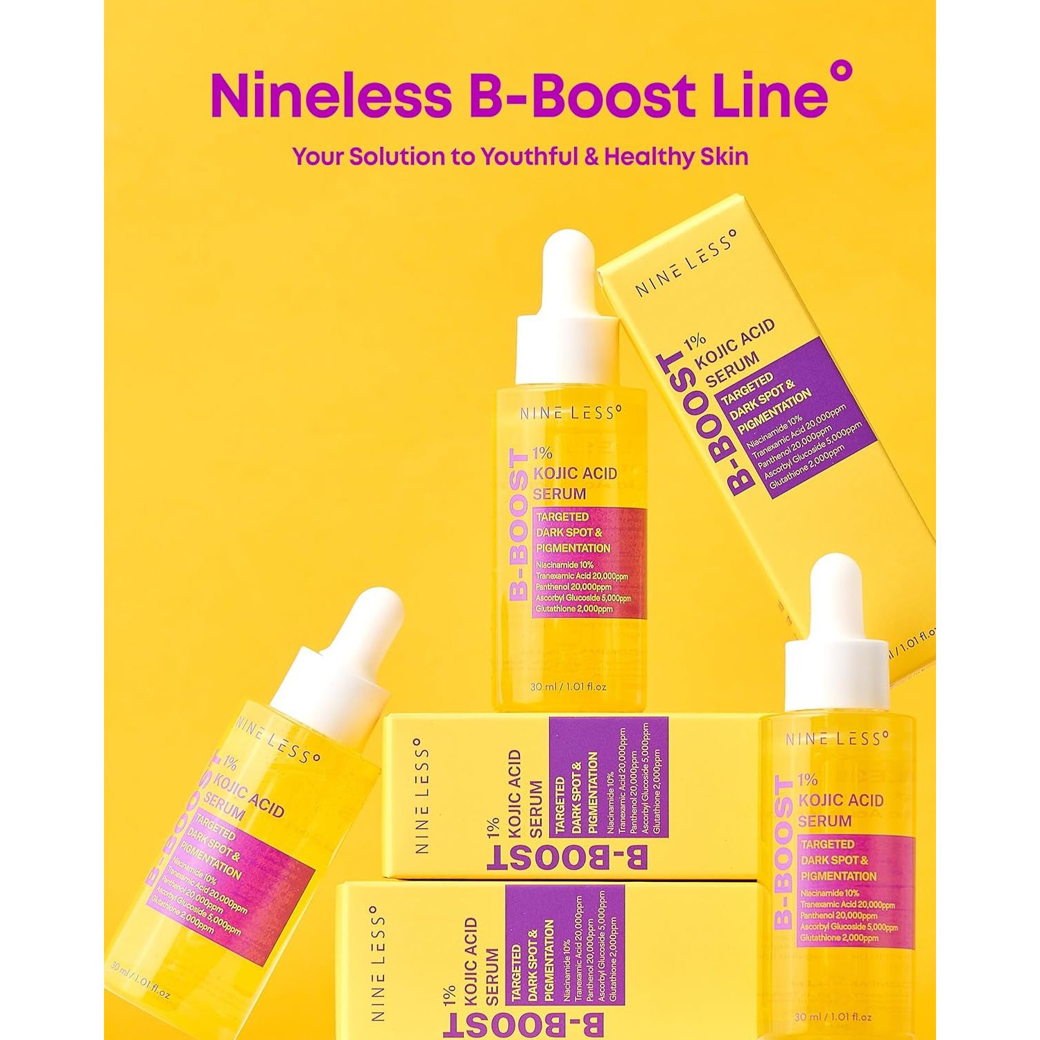NINELESS B-Boost 1% Kojic Acid Serum – 30ml | Brightening & Pigment-Correcting Serum with Niacinamide, Tranexamic Acid &amp; Peptides