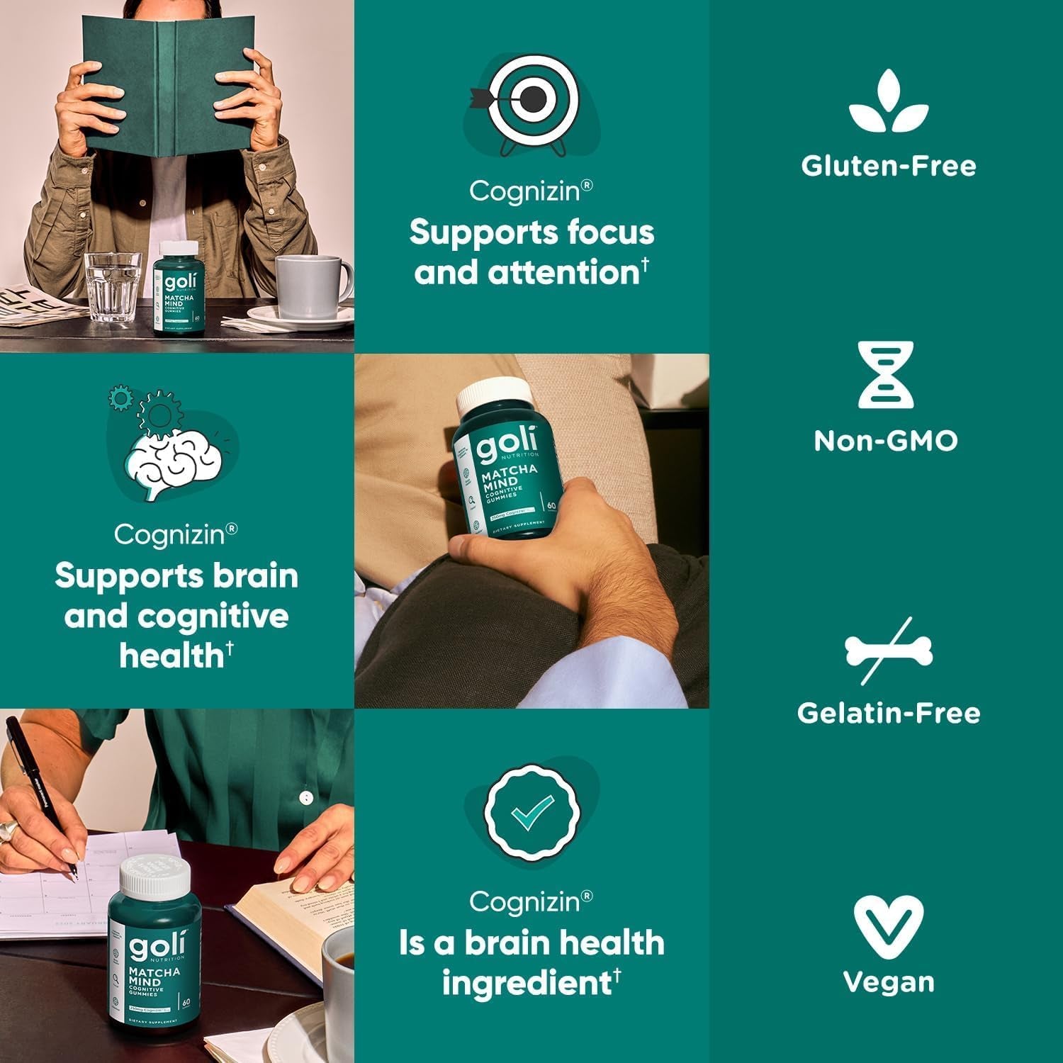 Goli Matcha Mind Cognitive Gummies 60 Gummies | Focus, Mental Clarity & Stress Support
