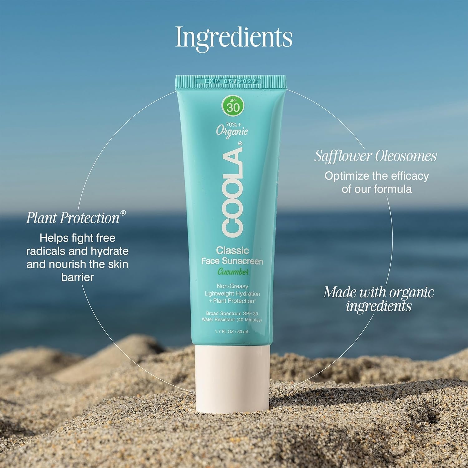 COOLA Classic Face Sunscreen SPF 30 Cucumber 50ml | Organic Daily Moisturiser with SPF &amp; Antioxidant Protection