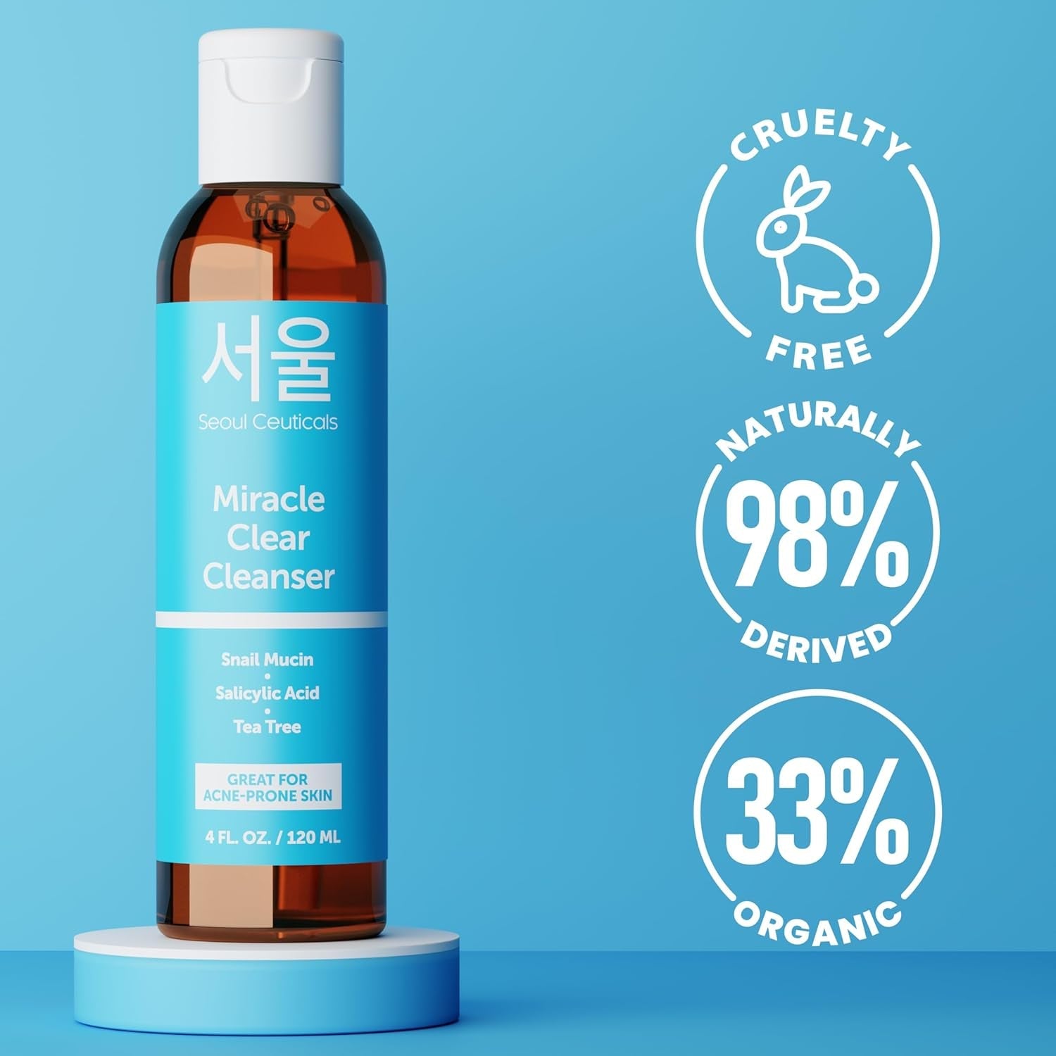 SeoulCeuticals Miracle Clear Cleanser 120ml | Korean Acne Solution with Snail Mucin, Salicylic Acid & Tea Tree