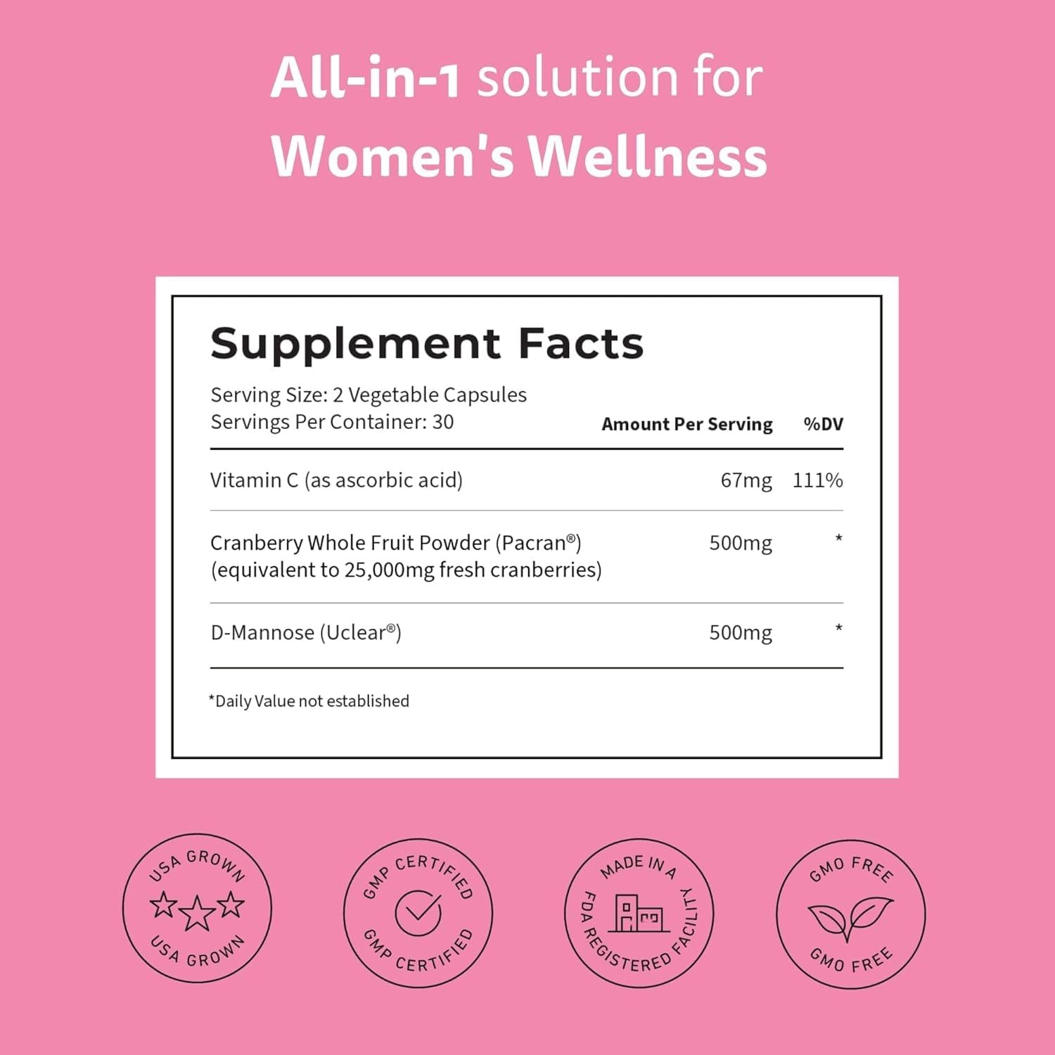 Happy V Women’s Daily D-Mannose + Cranberry – 60 Vegan Capsules UTI Prevention & Urinary Tract Health Support