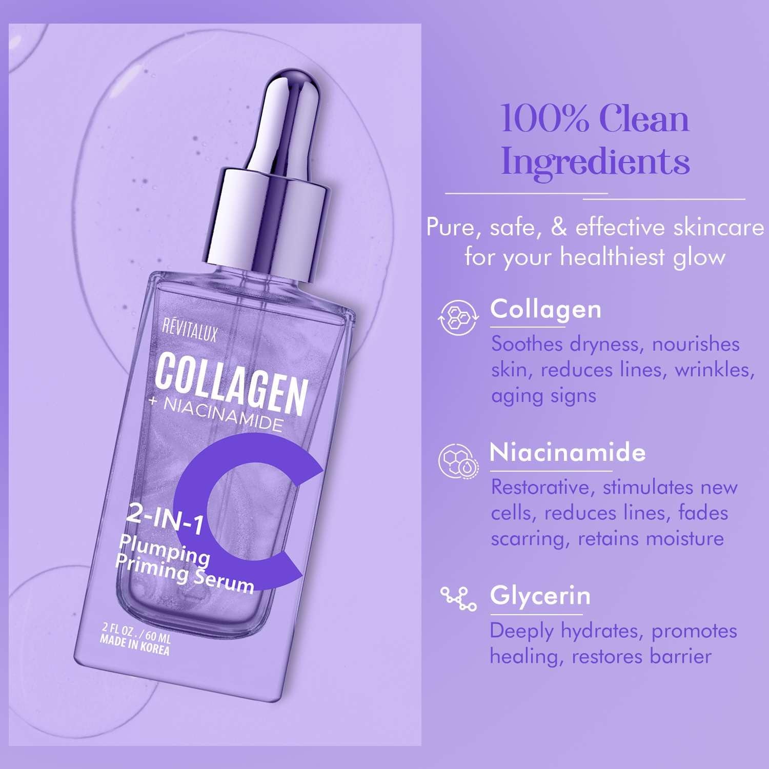 RevitaLux Collagen & Niacinamide 2-In-1 Plumping Priming Serum & 2 fl. oz Hydrating & Firming Korean Skincare for Radiant, Youthful Skin