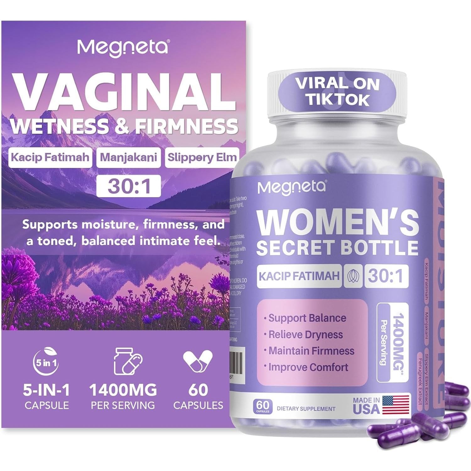 MEGNETA Vaginal Moisturizer  60 Capsules | Kacip Fatimah, Manjakani & Slippery Elm for Intimate Health & Moisture