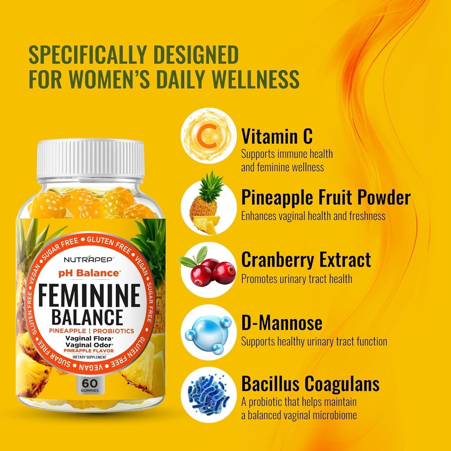 NutraPep Feminine Balance – 60 Gummies | Sugar-Free Vaginal Probiotic with Cranberry, D-Mannose & Vitamin C