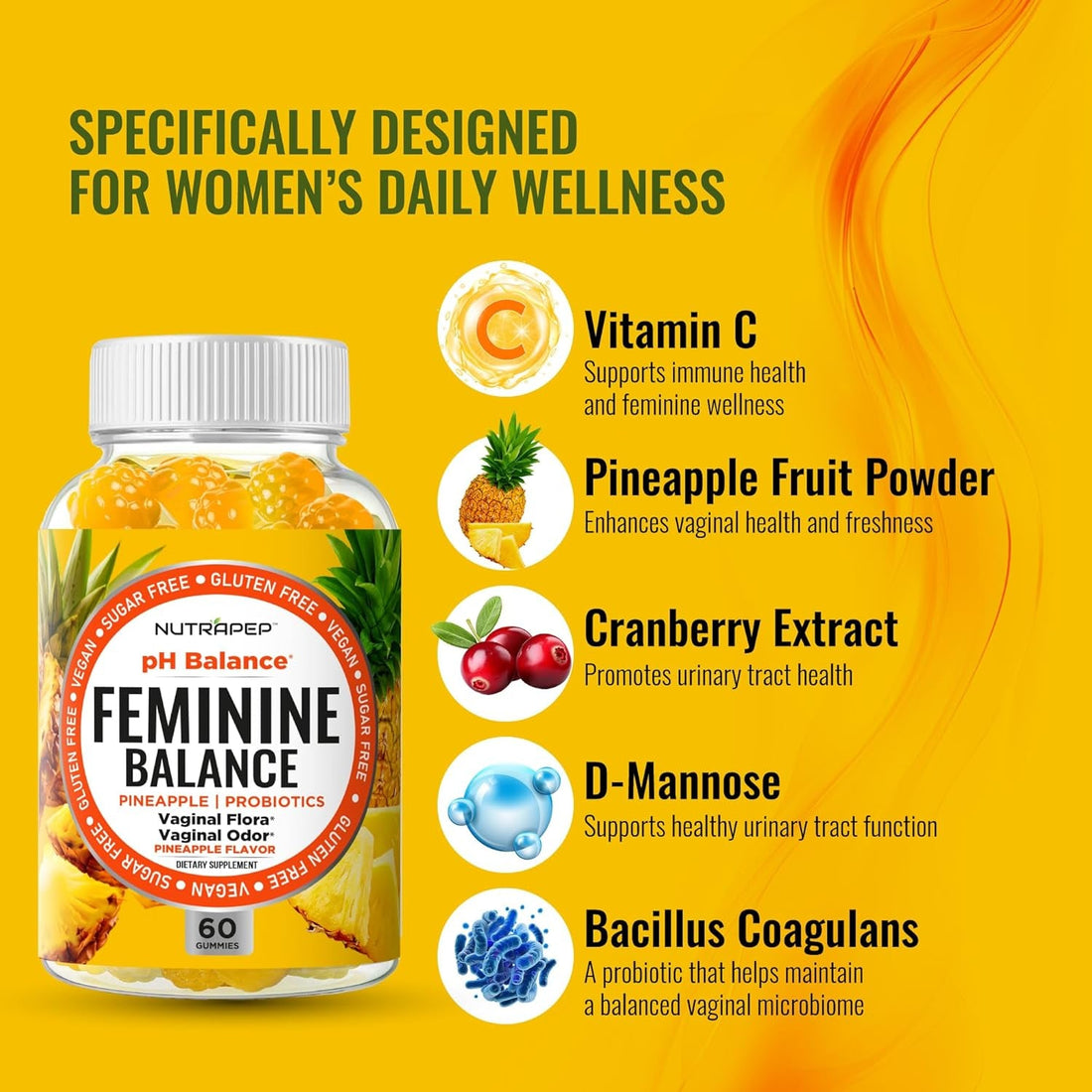 NutraPep Feminine Balance – 60 Gummies | Sugar-Free Vaginal Probiotic with Cranberry, D-Mannose & Vitamin C