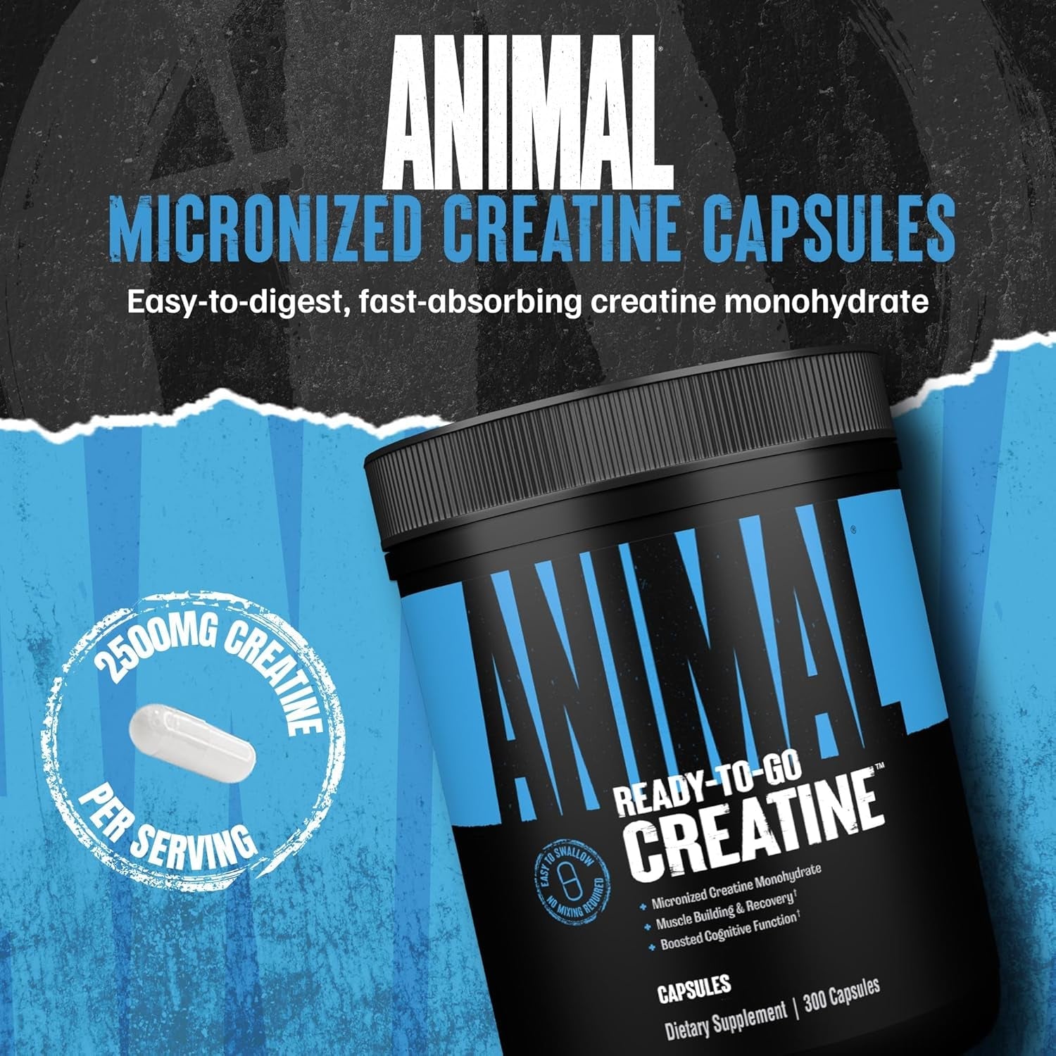 Animal Micronized Creatine Monohydrate Capsules 300 Caps | 2,500mg Per Serving for Muscle Growth & Recovery