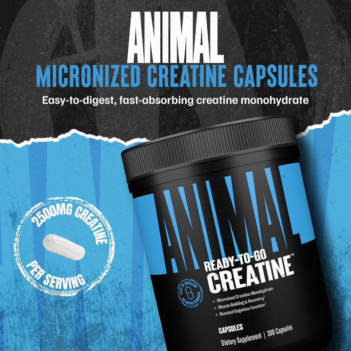Animal Micronized Creatine Monohydrate Capsules 300 Caps | 2,500mg Per Serving for Muscle Growth & Recovery