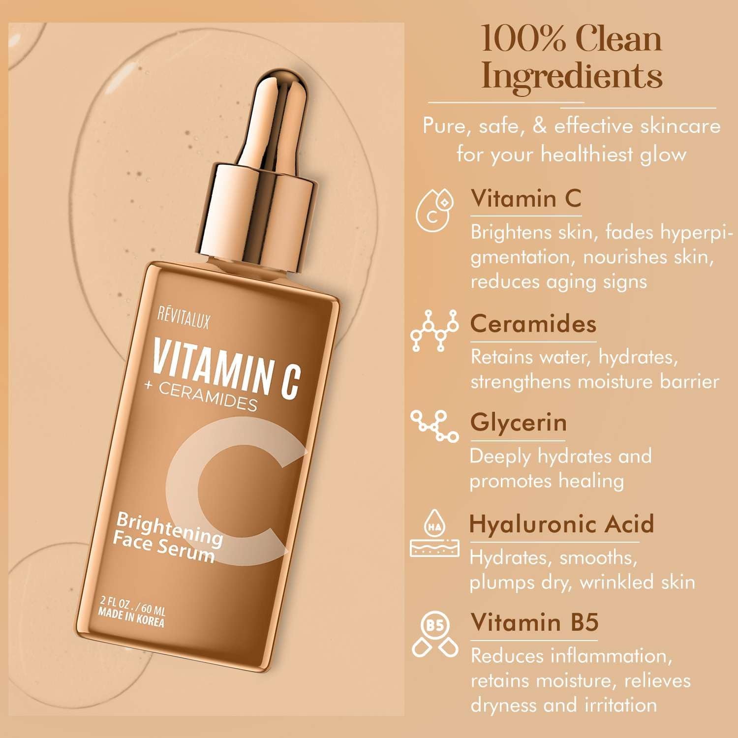 RevitaLux Vitamin C & Ceramides Brightening Face Serum & 2 fl. oz Hydrating & Anti-Aging Korean Skincare for Radiant, Smooth Skin
