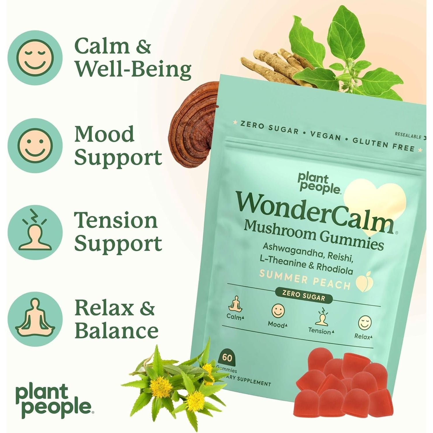 Plant People WonderCalm Mushroom Gummies 60 Gummies | Stress Relief & Mood Support with Ashwagandha, Reishi & L-Theanine