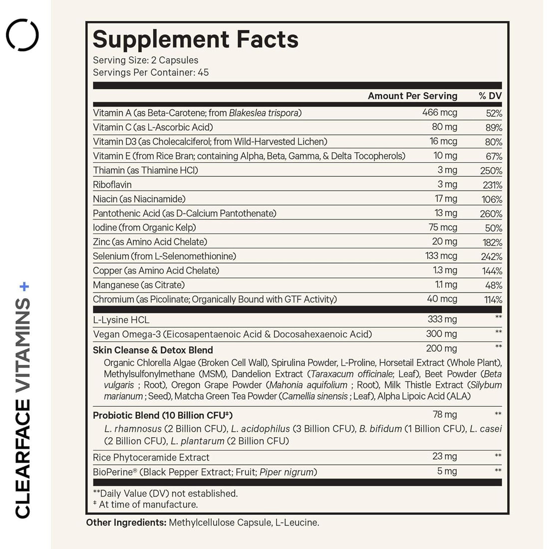 Codeage Clearface Vitamins+ (White) – 90 Capsules | Advanced Acne Support with Probiotics, Omega-3 & Skin-Loving Nutrients