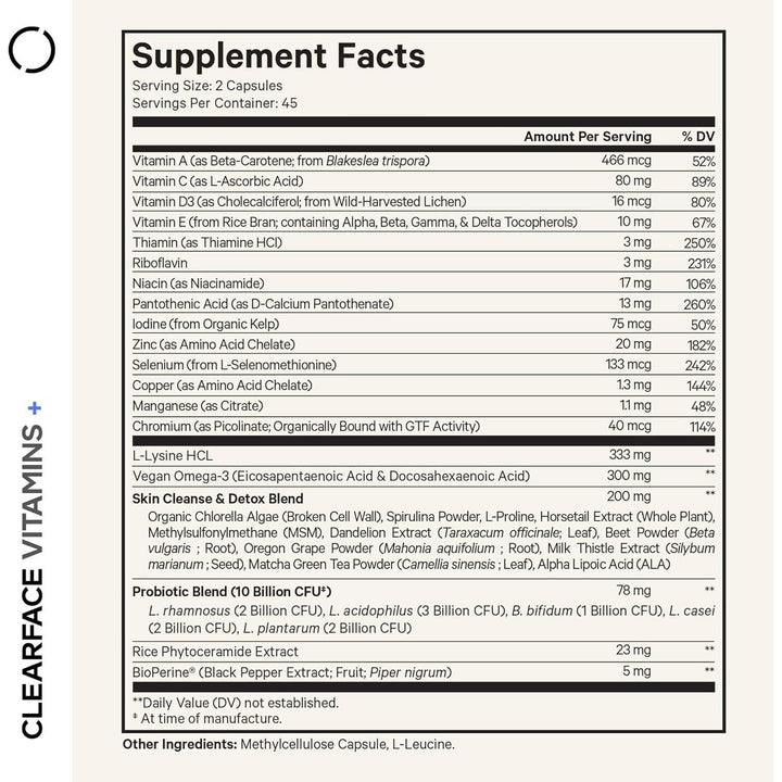 Codeage Clearface Vitamins+ (White) – 90 Capsules | Advanced Acne Support with Probiotics, Omega-3 & Skin-Loving Nutrients