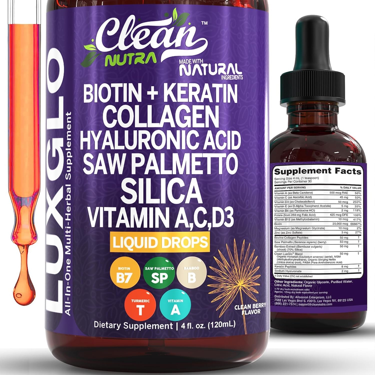 Clean Nutraceuticals LuxGlo All-in-One Multi-Herbal Supplement - 120ml | Liquid Biotin, Collagen, Hyaluronic Acid & More for Radiant Hair, Skin & Nails