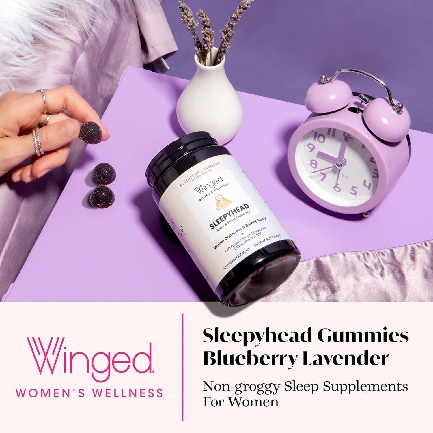 Winged Wellness Sleepyhead Calming Sleep Gummies for Women Blueberry Lavender 60 Gummies | Natural Melatonin & Herbal Support