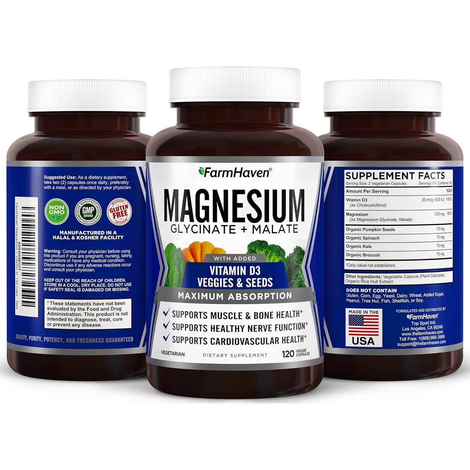 FarmHaven Magnesium Glycinate + Malate with Vitamin D3 – 120 Capsules | Max Absorption for Muscle, Bone, Heart & Immune Support