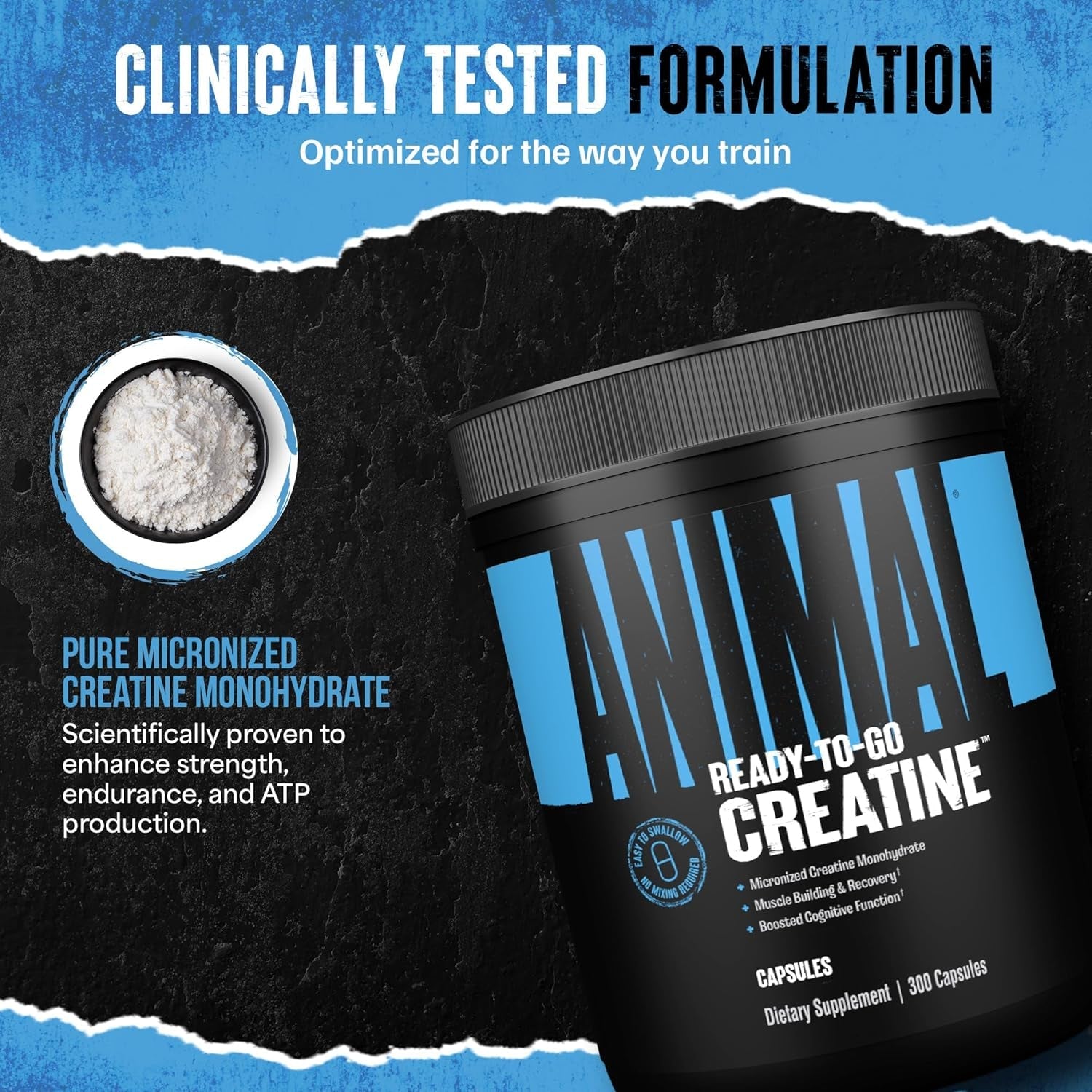 Animal Micronized Creatine Monohydrate Capsules 300 Caps | 2,500mg Per Serving for Muscle Growth & Recovery
