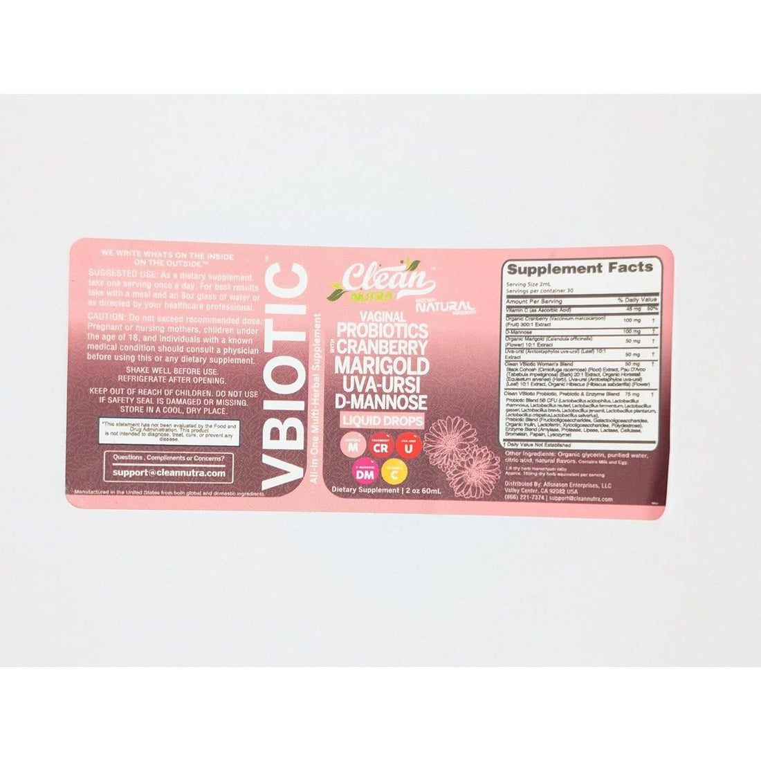 Clean Nutraceuticals Vaginal Probiotic Drops - 60ml | D-Mannose, Cranberry, Uva Ursi & Black Cohosh for Urinary, Vaginal & Hormonal Health