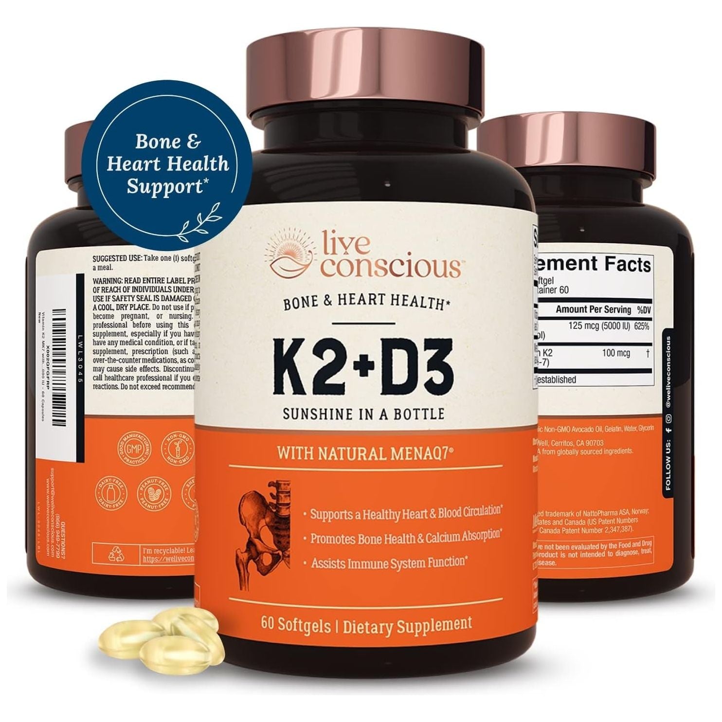 Live Conscious K2 + D3 Supplement 60 Softgels | Bone Strength, Heart Health & Immune Support