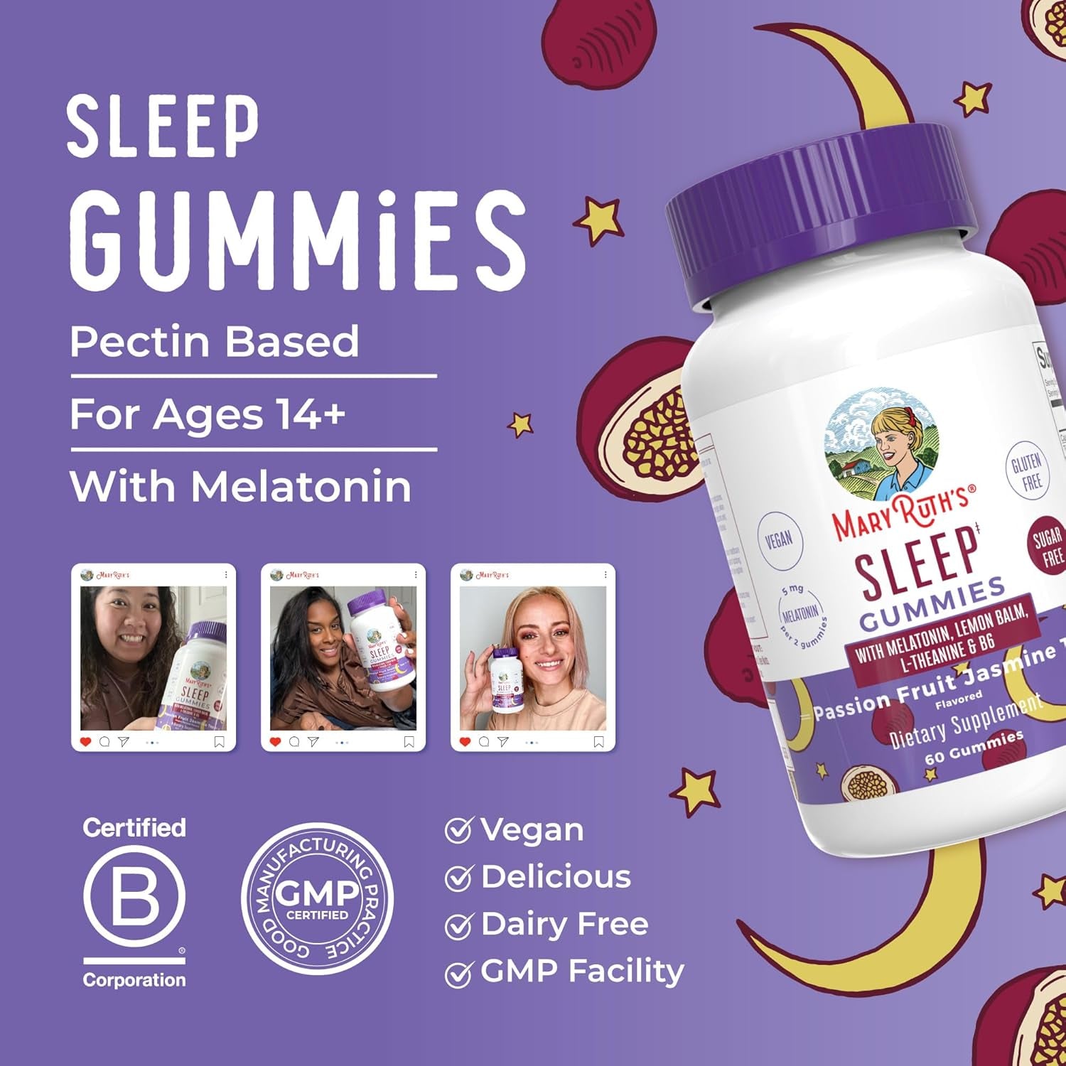 MaryRuth Organics Sleep Gummies  60  Gummies | Vegan Melatonin with L-Theanine & Lemon Balm for Restful Sleep