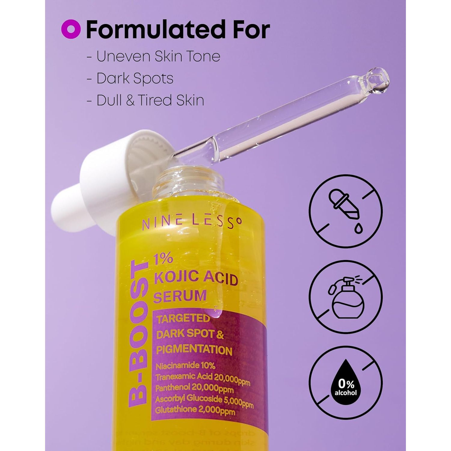 NINELESS B-Boost 1% Kojic Acid Serum – 30ml | Brightening & Pigment-Correcting Serum with Niacinamide, Tranexamic Acid &amp; Peptides