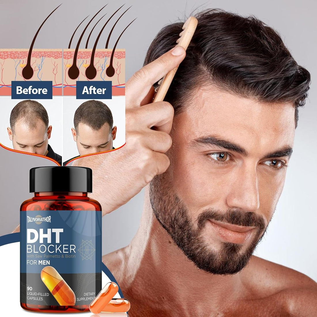 Talyvoriathor DHT Blocker with Saw Palmetto & Biotin for Men 90 Capsules | Supports Hair Growth, Thicker Hair & Scalp Health