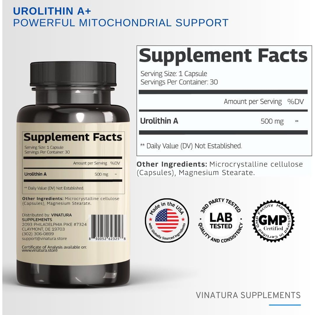 VINATURA Urolithin A+ 500mg, 30 Capsules | Mitochondrial Health & Anti-Aging Cellular Energy Support
