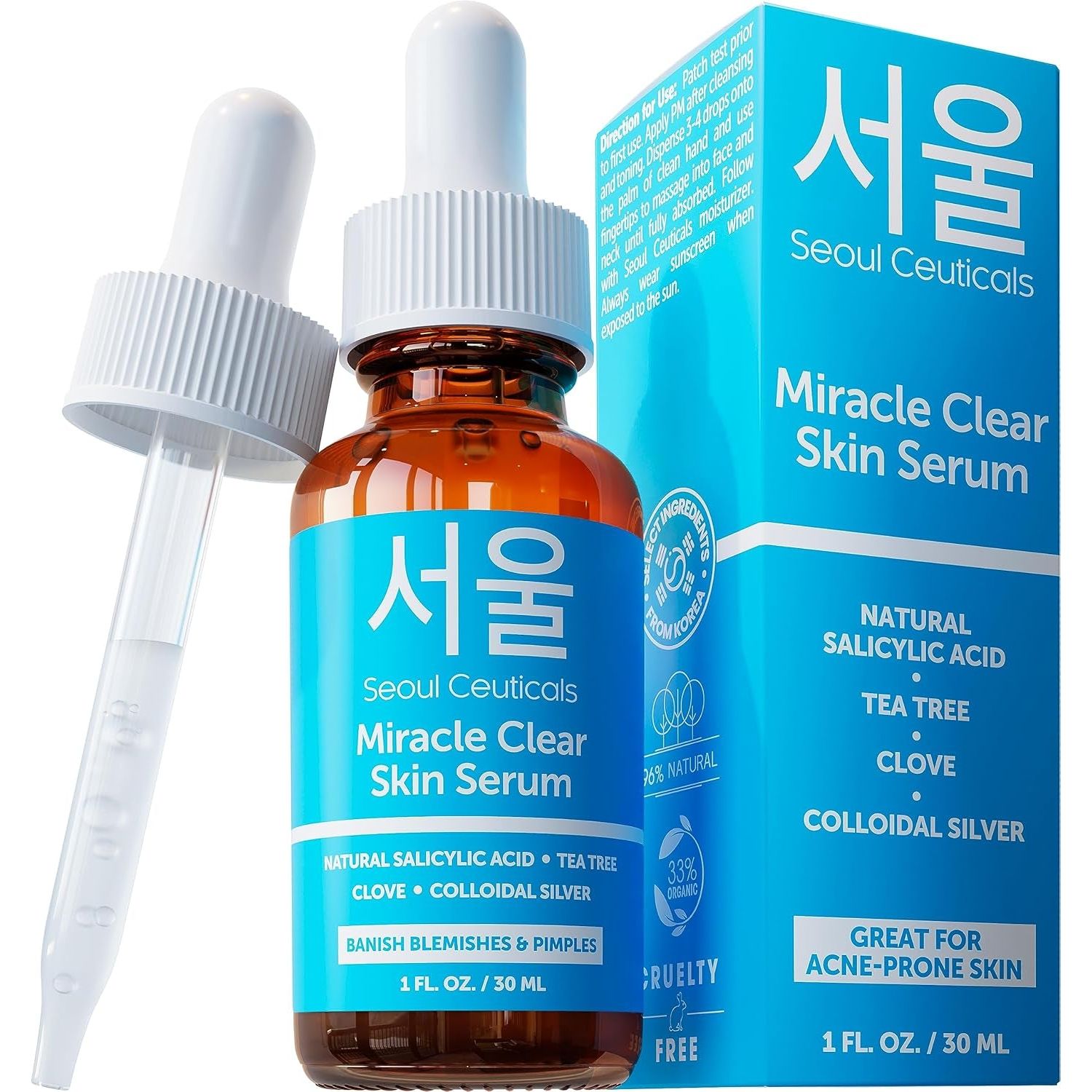 SeoulCeuticals Miracle Clear Skin Acne Serum 30ml | Natural Salicylic Acid + Tea Tree for Clear, Balanced Skin