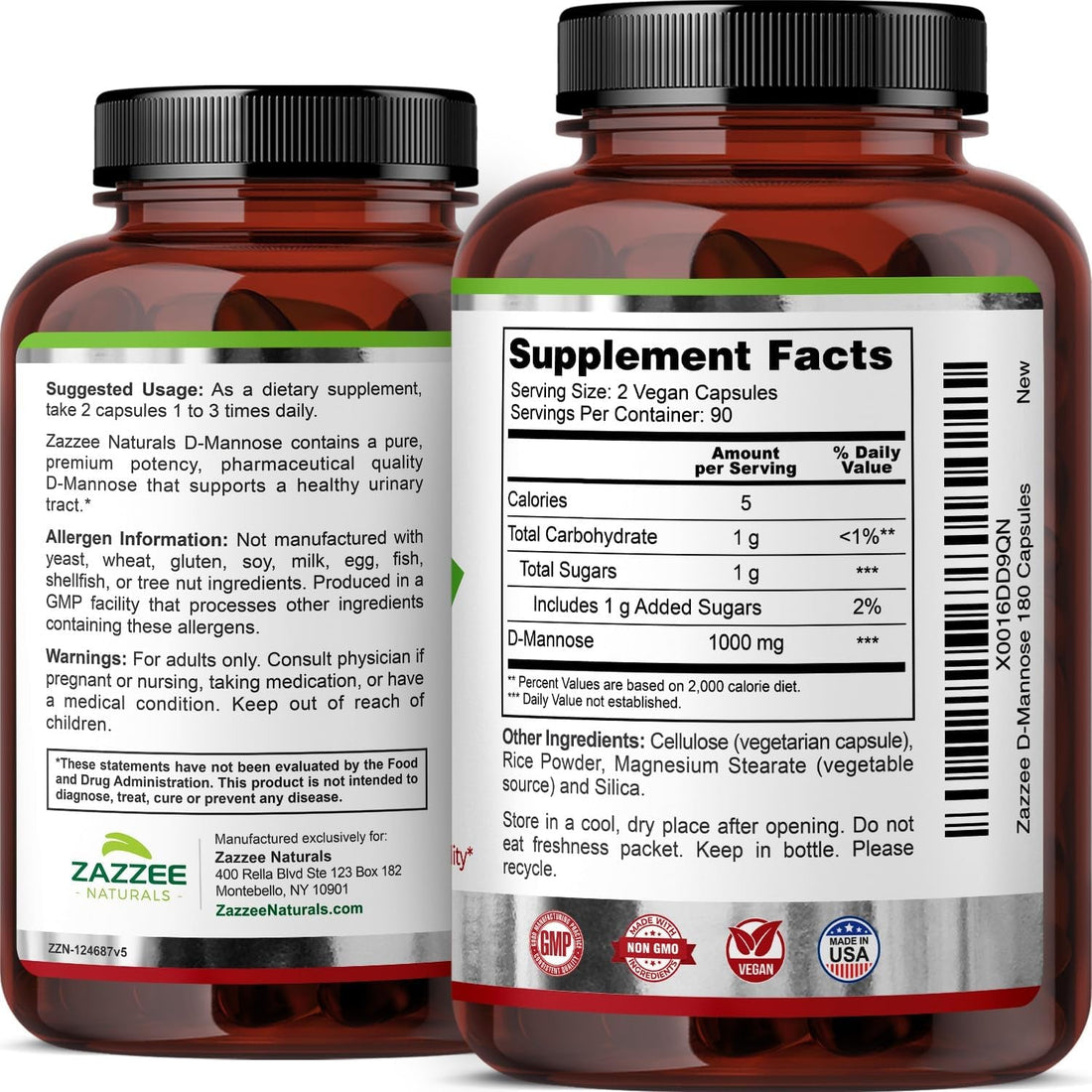 Zazzee D-Mannose Healthy Urinary Tract Support – 180 Vegan Capsules | Pure, Fast-Acting UTI Relief & Prevention