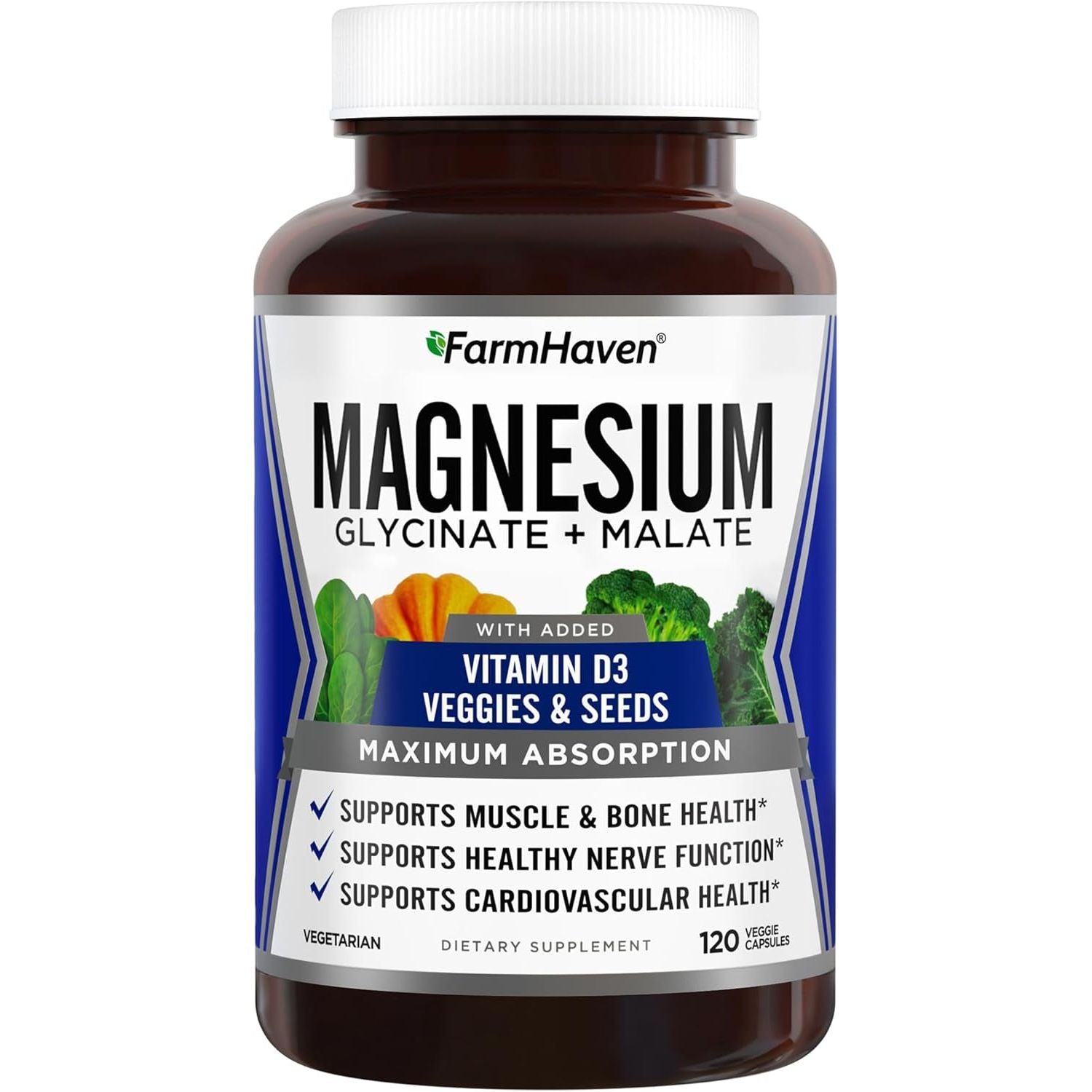 FarmHaven Magnesium Glycinate + Malate with Vitamin D3 – 120 Capsules | Max Absorption for Muscle, Bone, Heart & Immune Support