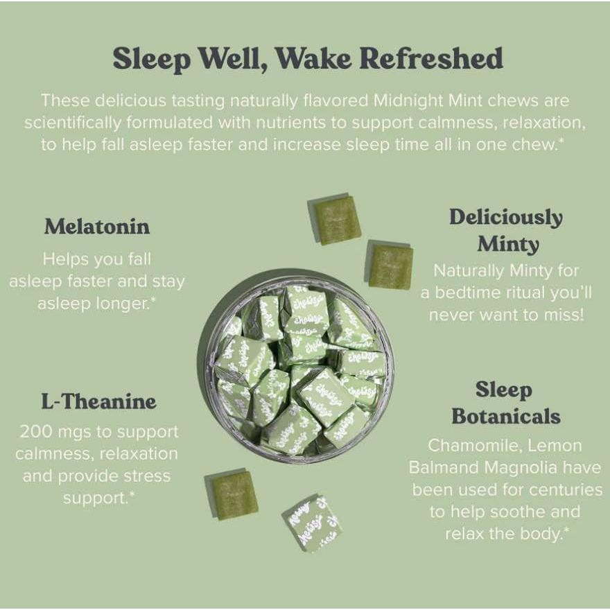 Chewsy Peaceful Sleep Chews - Midnight Mint, 30 Chews | Fast-Acting Melatonin Sleep Aid with L-Theanine & Botanicals
