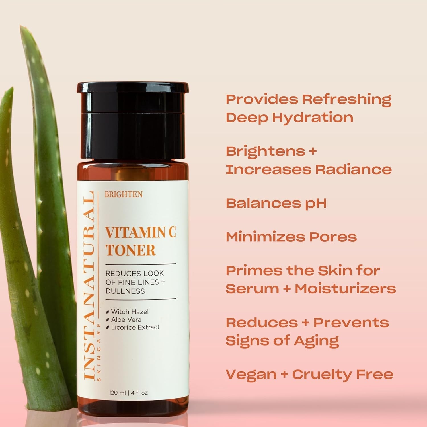 InstaNatural Vitamin C Toner 120 ml | Brightening, Hydrating & Pore-Refining Alcohol-Free Facial Toner