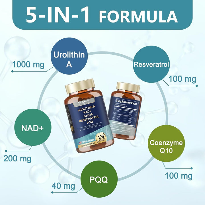 Totaria Urolithin A + NAD+ + CoQ10 + Resveratrol + PQQ 120 Softgels | Cellular Energy, Mitochondrial & Anti-Aging Support