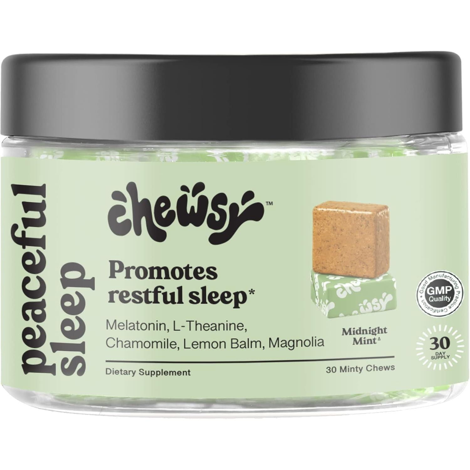 Chewsy Peaceful Sleep Chews - Midnight Mint, 30 Chews | Fast-Acting Melatonin Sleep Aid with L-Theanine & Botanicals