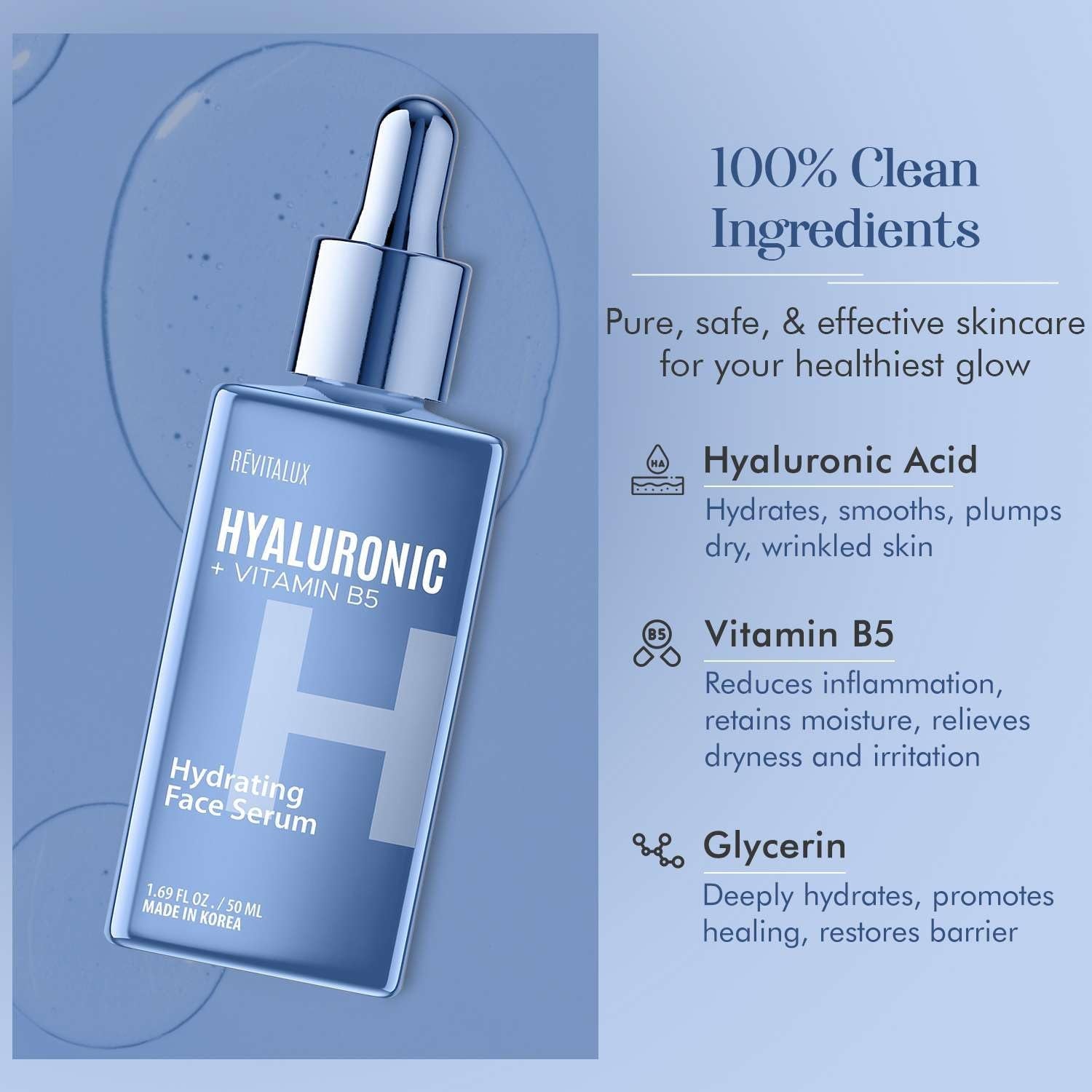 RevitaLux Hyaluronic Acid + Vitamin B5 Hydrating Face Serum 50 ml | Deep Hydration & Skin Smoothing Formula