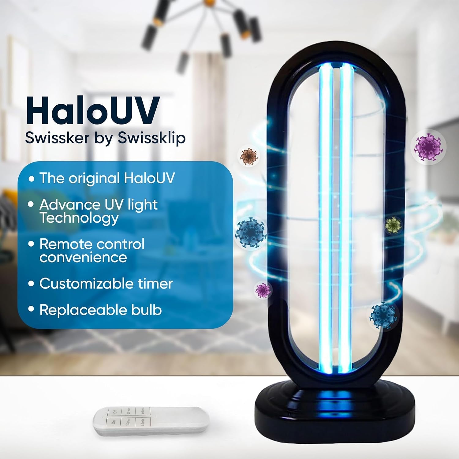 Swissklip +Swissker HaloUV Sanitizer | 360° UV Light Air & Surface Cleaner for Home & Office – Chemical-Free, Remote Controlled, 4 Timers