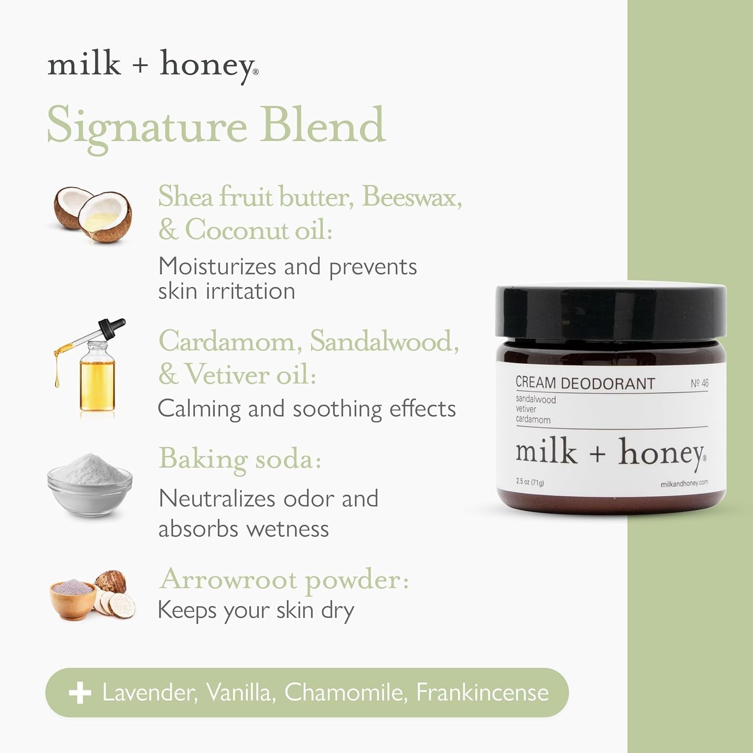 milk + honey Cream Deodorant No. 46 – 2.25 oz | A nourishing, aluminum-free cream deodorant with a warm, calming blend of sandalwood, vetiver, and cardamom.