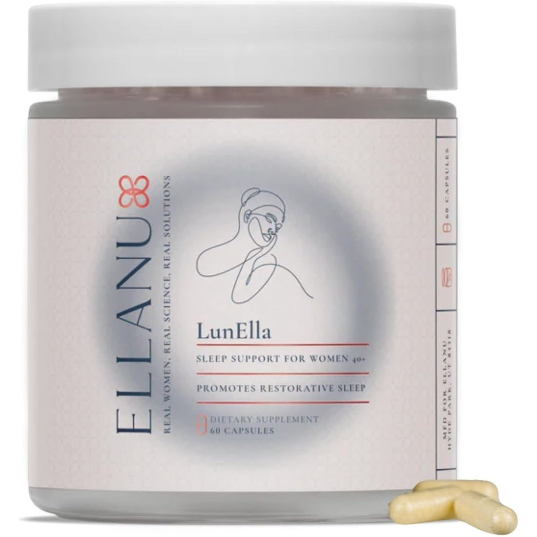 ELLANU LunElla Sleep Support for Women 40+ – 60 Capsules | Hormone-Free, Vegan Nighttime Relief