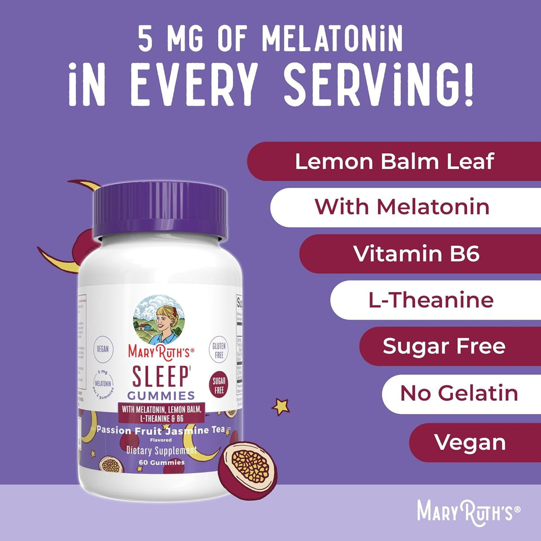 MaryRuth Organics Sleep Gummies  60  Gummies | Vegan Melatonin with L-Theanine & Lemon Balm for Restful Sleep
