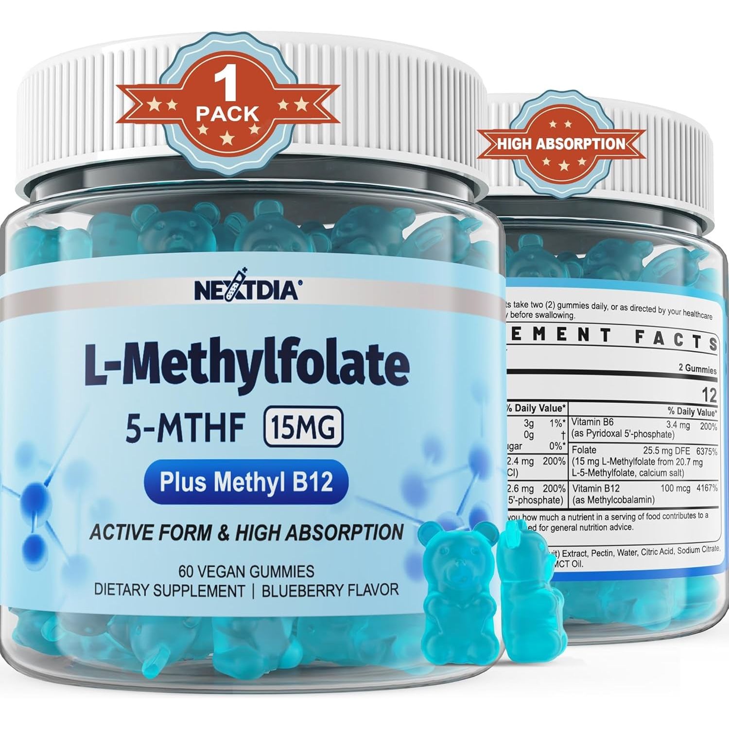 Nextdia L-Methylfolate 5-MTHF Gummies 60 Sugar-Free Vegan Gummies | Active Folate + Methylated B Vitamins for Energy, Mood & Focus
