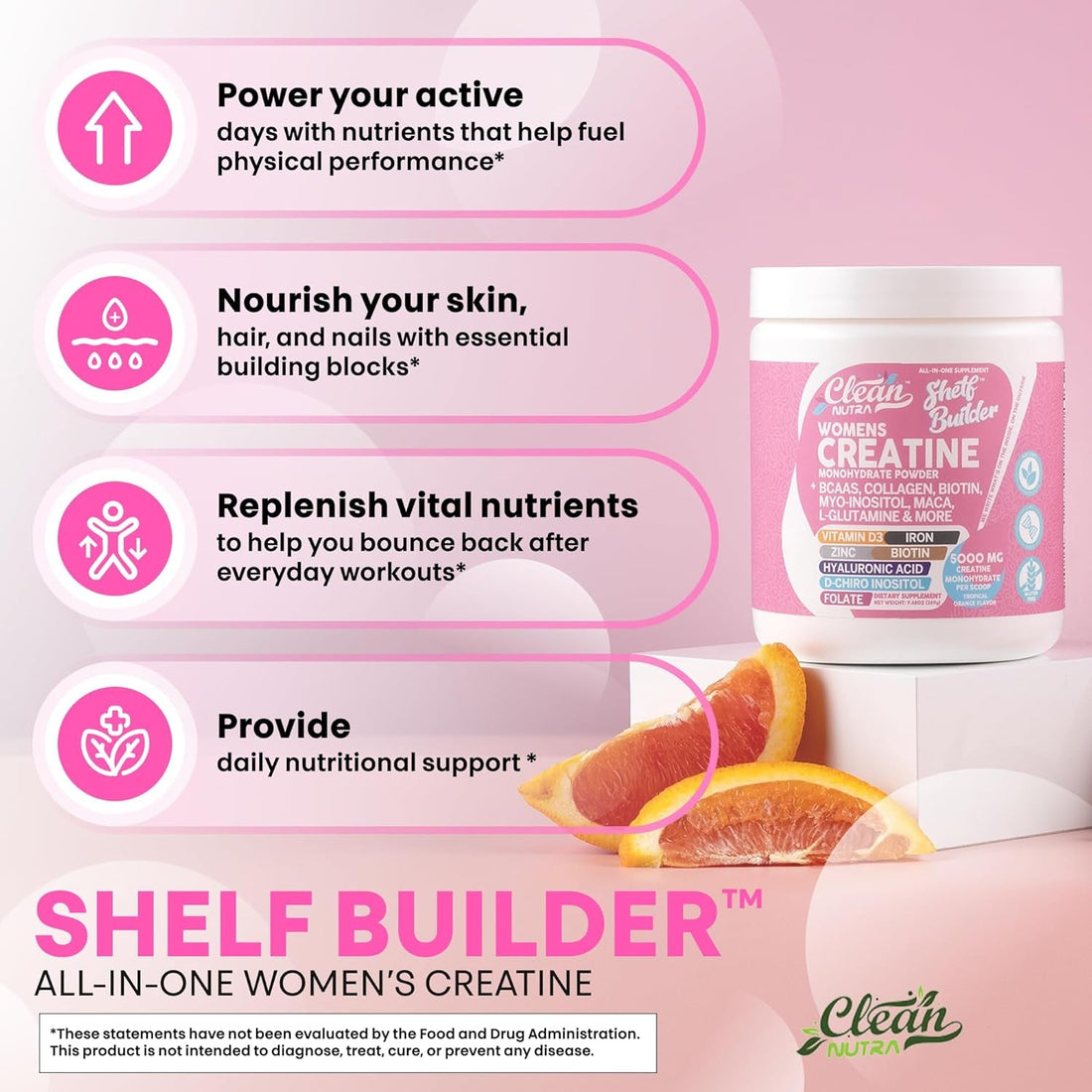 Clean Nutraceuticals Women’s Creatine – 269g | Tropical Orange With Creatine, Collagen, BCAAs, Biotin & Vitamins for Muscle, Recovery & Radiance