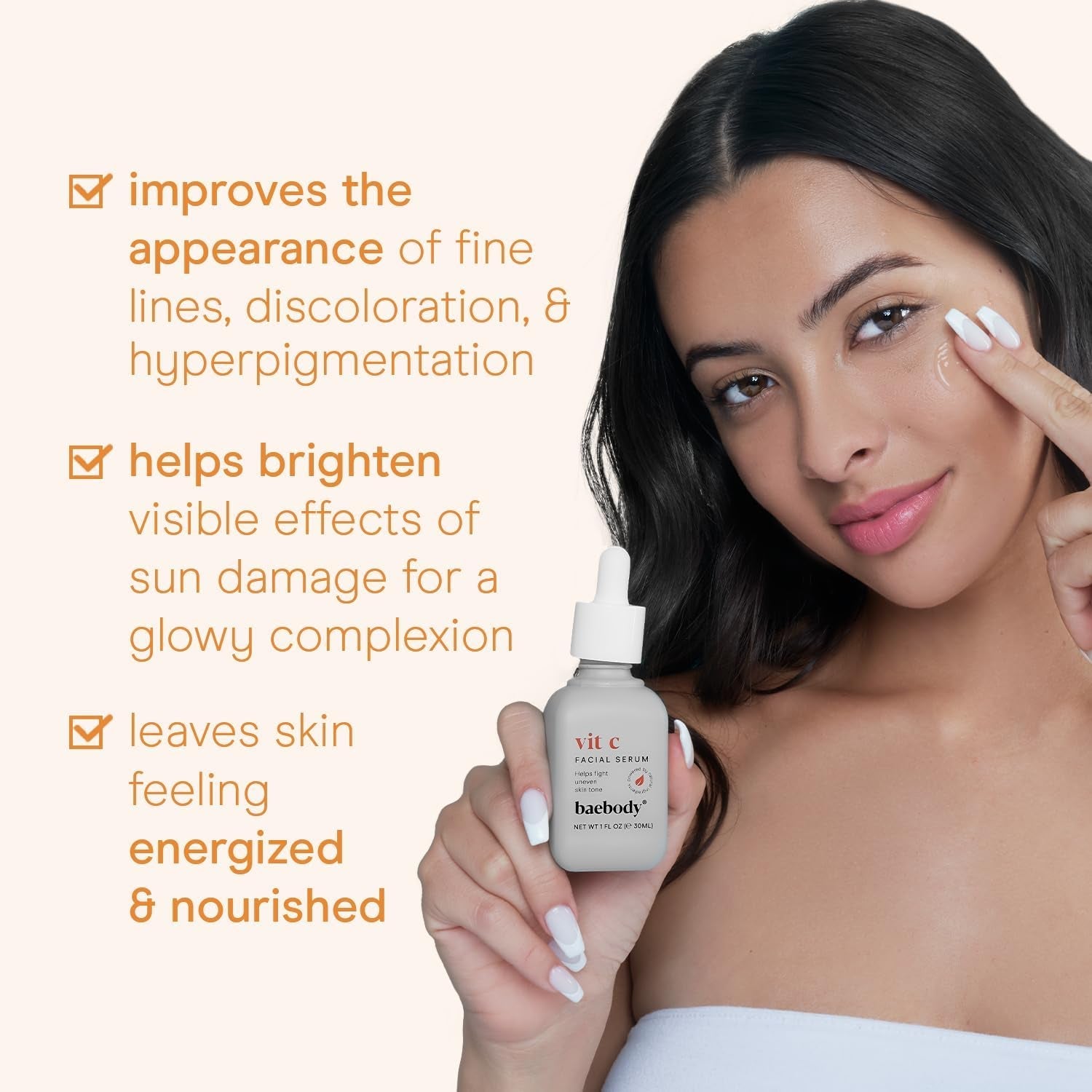 Baebody Vitamin C Face Serum 30ml | Brightening Serum for Dark Spots & Dull Skin | Hyaluronic Acid + Antioxidants | Made in USA