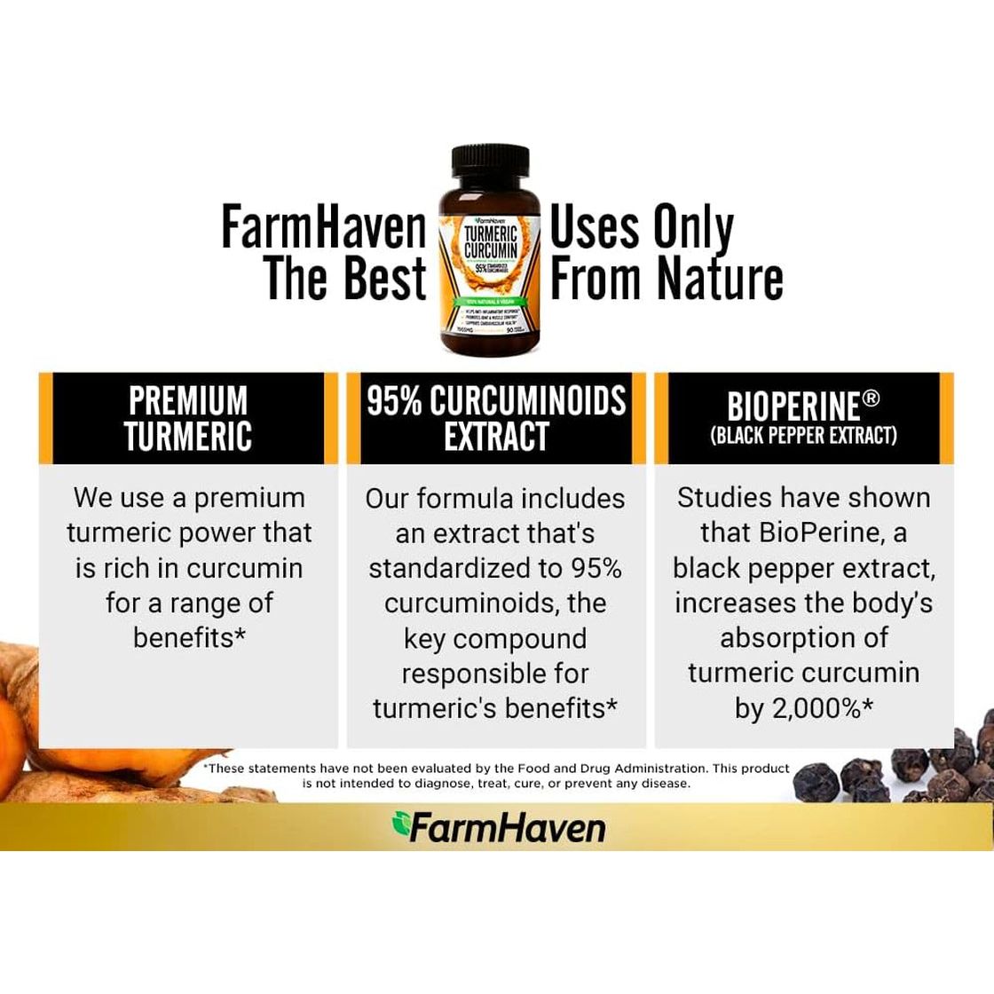 FarmHaven Turmeric Curcumin – 90 Capsules | 1965mg High-Potency Joint, Heart & Brain Support with BioPerine®