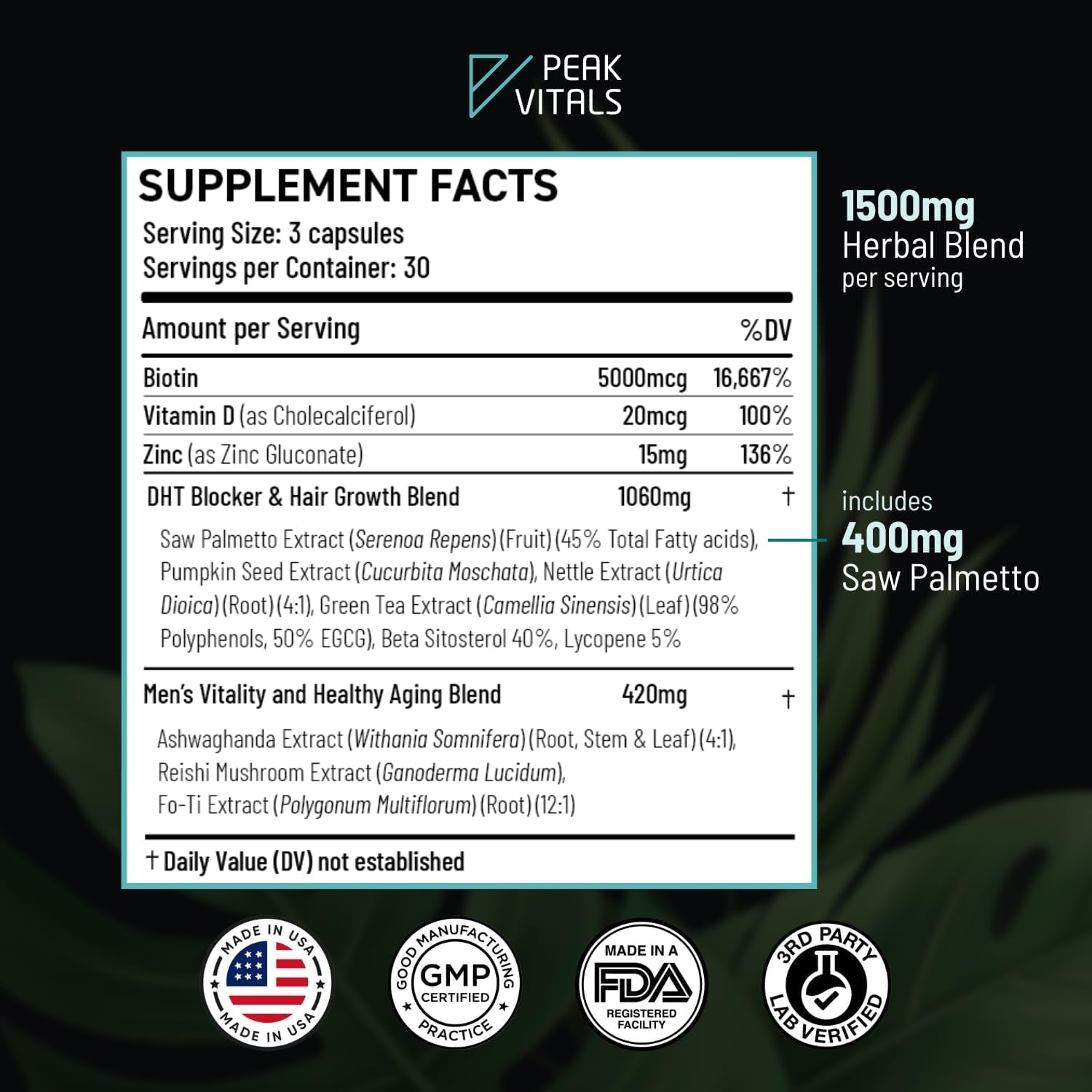 PEAK VITALS DHT Blocker for Men 90 Capsules The All-in-One Hair Regrowth & Vitality Supplement for Modern Men