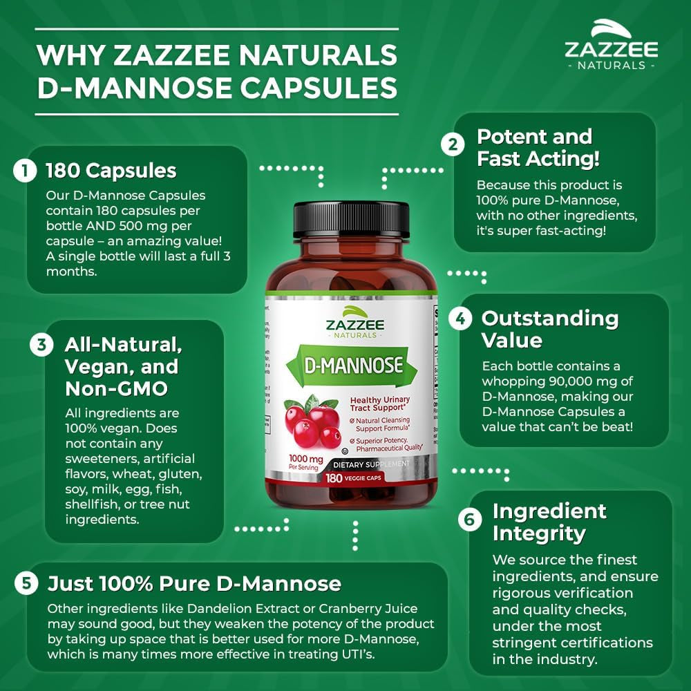 Zazzee D-Mannose Healthy Urinary Tract Support – 180 Vegan Capsules | Pure, Fast-Acting UTI Relief & Prevention